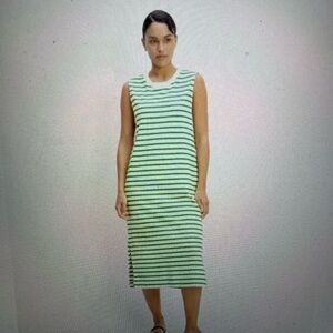 Everlane Striped Midi Dress S White Green Organic Cotton Sleeveless Minimalist